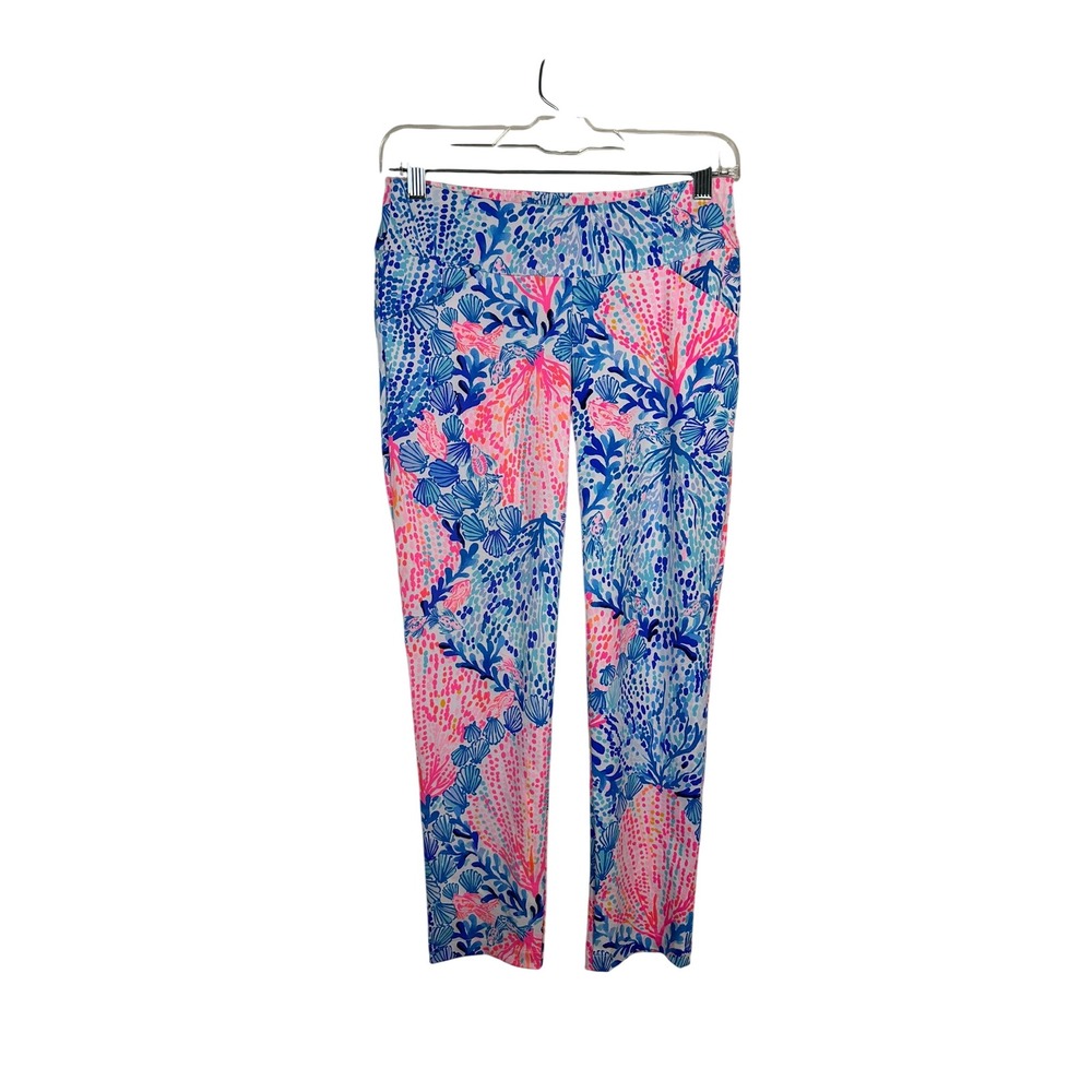 Lilly Pulitzer Luxletic Pants Women 8 Pink Blue Very Good Coral Shell Print